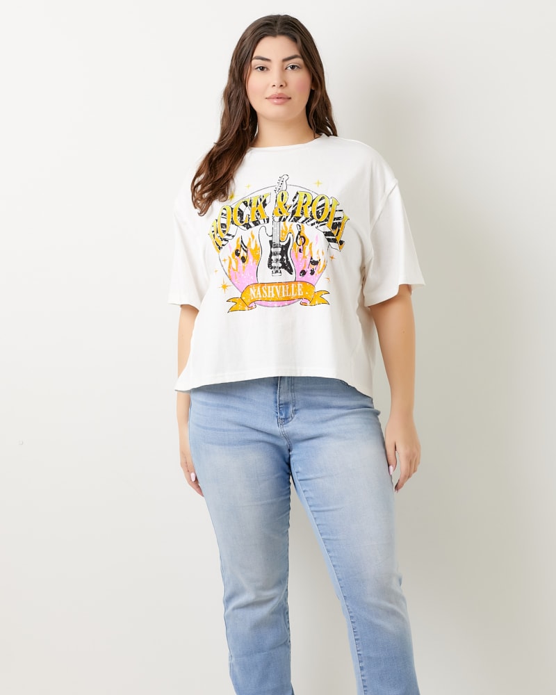 Front of a model wearing a size 1X Rock and Roll Graphic Top in IVORY by Baevely. | dia_product_style_image_id:274790